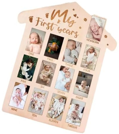 Frabe Family Cornice Primo Anno 12 Mesi in Legno – Porta Foto Neonato My First Year per Ricordi Bambino/Bambina, Decorazione Cameretta e Idea Regalo Primo Compleanno