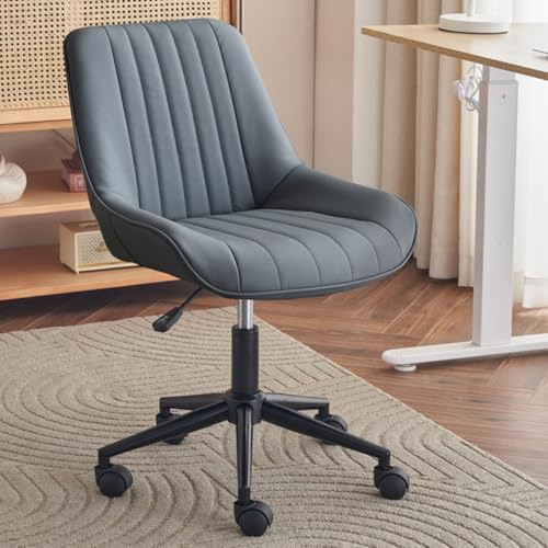 GIZNXBA Bürostuhl Ergonomisch Leder Kleine Drehbare Schminkstühle Mit Rollen Verstellbarer Computerstuhl Mit Bequemer Niedriger Rückenlehne Für Kleine Räume, Schlafzimmer, Zuhause(Dark Gray)