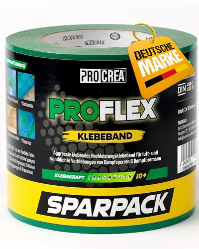 PROCREA® 2x Flexibles Hochleistungsband, grün [für Dampfsperren, Dampfbremsen & Klimamembrane] Luftdicht nach DIN EN 4108 Teil 11 und ENEV - Extreme Klebekraft und Zuverlässigkeit - Profi-Qualität