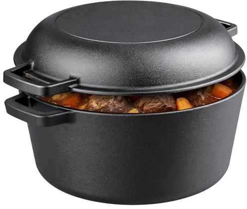 2 in 1 Cast Iron Dutch Oven Pot, 5 QT Dutch Oven Pot + 1.6 QT Skillet Lid | Heavy Duty Cast Iron Casserole Pot with Handle for Bread Baking, Stews, Casseroles, Camping, BBQ, Grill