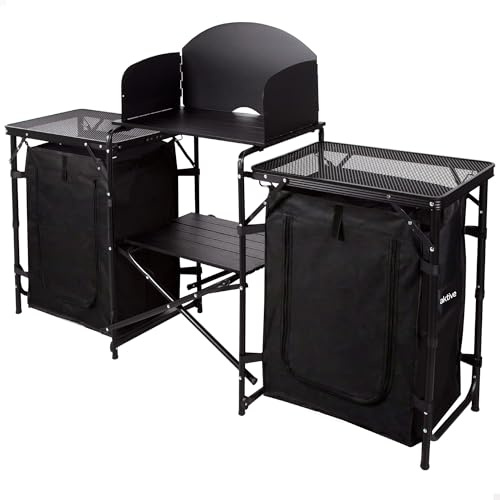 AKTIVE Kit cocina camping, 175x48x110 cm, Negro, Paraviento metálico, Armarios tejido poliéster, Estructura acero, Soporta 30 kg, Bolsa de transporte, Mesa picnic plegable (63174)