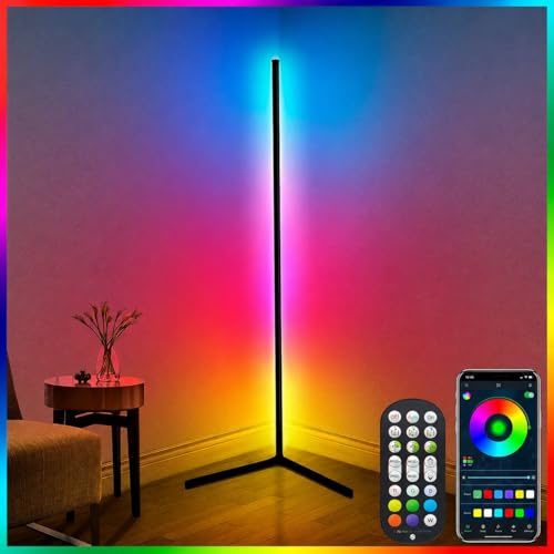 PIONEER GOODS RGB Corner Floor Lamp with App & Remote Control, Dimmable LED Standing Lamp, 16 Million Colours, Music Sync, Timer Function, Modern Mood Lighting for Living Room, Bedroom & Gaming Room