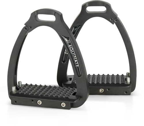 Equinate Florence Safety Stirrups 10 cm Black Matt - Lightweight Aluminium Stirrups with Safety Arm and Non-Slip Tread - For Adults and Children - Pack of 2