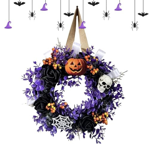 Halloweenkrans För Entrédörren 35 cm Girlang med dödskallar och pumpor