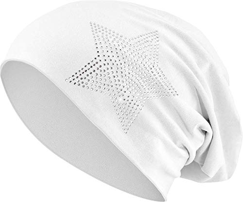 Jersey Baumwolle elastisches Long Slouch Beanie Unisex Herren Damen mit Strass Stern Steinen Mütze Heather in 35 (2) (White)