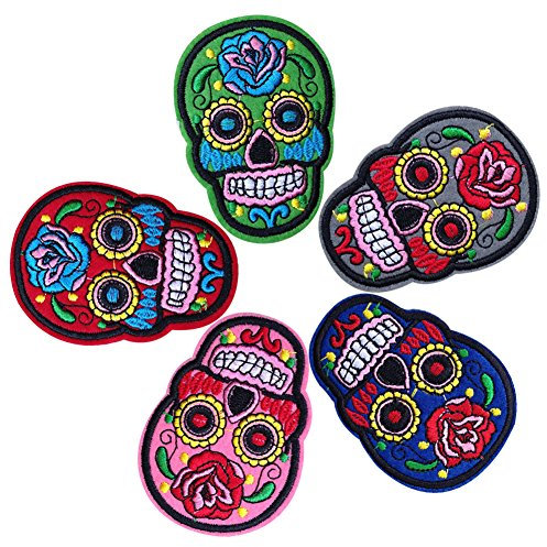 HUIXUN Iron On Patches DIY Flowered Skull Embroidered Patches For Clothing Fabric Badges Iron-On Sewing Patches 5PCS (2X2.8)