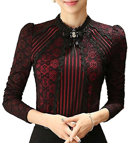 SansoiSan Damen Vintage Perlen Knöpfe Plissee Hemd Langarm Spitze Stretch Bluse