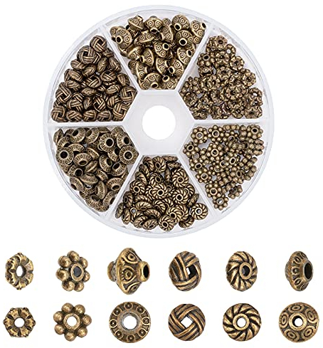 PandaHall 300 Stück 6 Stil Antik Bronze Zwischenperlen, tibetische Metalllegierung Schmuckperlen Rohr Zwischenstücke Blume Flache Rondelle Lose Perlen für Armband Halskette Ohrring Schmuckherstellung