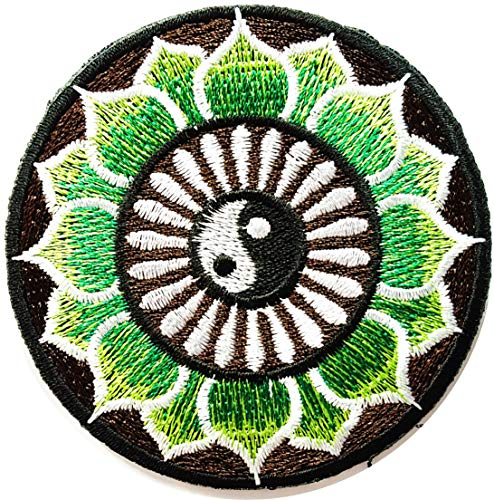 Nipitshop Aufnäher, Motiv: grüner Lotus, Ying Yang Aum Om, Unendlichkeit, Hinduismus, Yoga, indischer Trance, Patch für Jacke, T-Shirt, Aufnäher, besticktes Symbol, Abzeichen, Stoff, Schild, Kostüm
