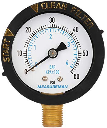 Measureman Manometro a secco e utilità da 2 pollici, manometro per filtro di avvio e pulizia, manometro per filtro piscina, spa, acquario, manometro dell'acqua, montaggio inferiore NPT 0-60 Psi/bar