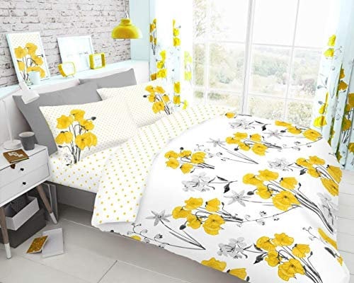 GC GAVENO CAVAILIA Easy Care Soft & Cosy Poppy Floral Duvet Cover Quilt Set, Luxury Printed Polka Dots Reversible Bedding, Polycotton, Yellow, Double