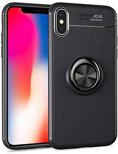 Kaliroo Hülle Ring kompatibel mit iPhone X | XS, Stoßfeste Silikon Schutzhülle mit 360-Grad Finger-Halter für magnetische KfZ-Halterung, Slim Cover Handyhülle Phone Case Etui Schale, Farbe:Schwarz