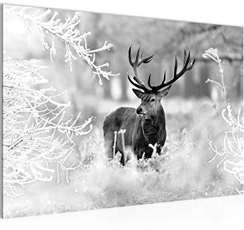 Runa Art Bild Winter Hirsch Modern Wandbilder Wohnzimmer 1 Teilig - Made In Germany - Waldtiere Schwarz Weiss Flur 004115b