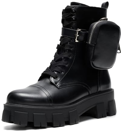 Cape Robbin Women's Combat Boots - Ankle Booties with Side Zipper, Pouch, Chunky Platform & Lace-Up Design (Monalisa) - Black 11