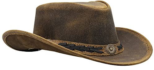 SideWinder Shapeable Outback hat Western Style Leather Cowboy hat for Men and Women Wide Brim Vintage Old Style Brown