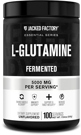 Jacked Factory L-Glutamine Powder 100 Servings - Vegan Fermented L Glutamine Supplement for Post Workout Muscle Recovery, Immunity, Digestive Health | No Artificial Filler - Unflavored