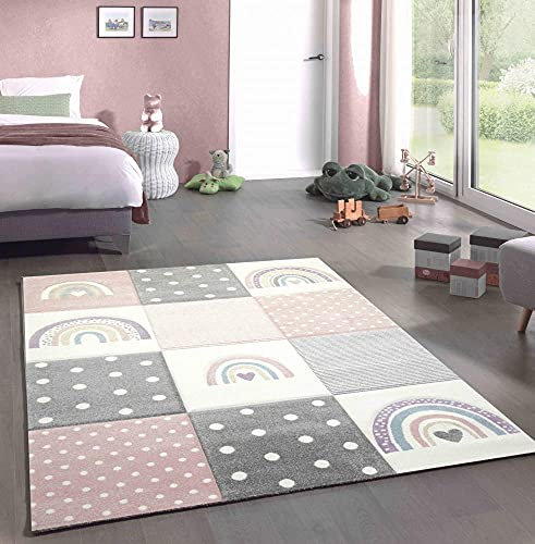 CARPETIA Kinderteppich Kinderzimmer Spiel Teppich Herzchen Regenbogen Punkte Design Creme rosa grau Größe 160x230 cm