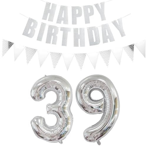 Ohaoduo Silber Zahlballon 39 Stück - Happy Birthday Girlande + Banner - Aluminiumfolie - Geburtstag Dekoration für Erwachsene, Herren (39. Geburtstag)