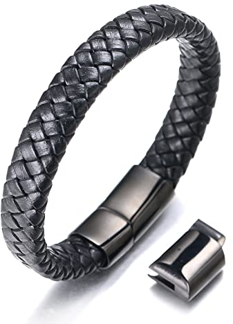 Halukakah Kinder ● Solo Junior ● Jungen Armband Handgefertigt | Echtleder Schwarz | Magnetverschluss Edelstahl in Schwarz | mit Geschenkbox | 6-12+3 Y/O. Größe Einstellbar 18-19.5cm