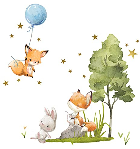 Little Deco Wandtattoo Wandsticker Kinderzimmer Fuchs und Maus I Wandbild 103 x 75 cm (BxH) I Sterne Wandaufkleber Ballon Spielzimmer Mädchen Baby Jungs Deko DL724