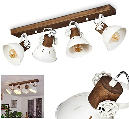Deckenleuchte Orny, Deckenlampe im Vintage-Design aus Metall/Holz in Weiß/Braun m. Lichtschlitzen, Leuchte m. Holzbalken, Textilkabeln und verstellbaren Strahlern, 4-flammig, E27, ohne Leuchtmittel