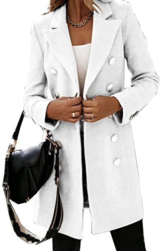 WJANYHN Autumn and Winter Leisure Exquisite Fashion Long-Sleeved Suit Collar Double-Breasted Nizi Jacket Windbreaker Coat Women White, L