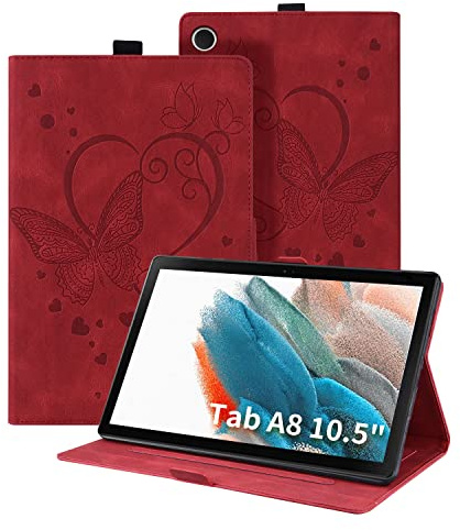 Auslbin Coque pour Samsung Galaxy Tab A8 (10.5 Pouces,2021) Housse Papillon Modèle de Cuir PU avec Fonction Support Étui de Protection Tablette pour Samsung Galaxy Tab A8 SM-X205/SM-X200 (Rouge)