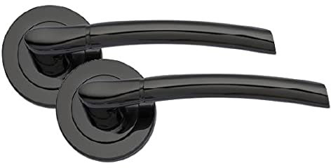 Golden Grace Indiana Style Modern Door Handles On Round Rose in Polished Black Nickel Finish