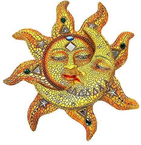 Metall Sonne Mond Wanddekoration,Metall Sonne 3D Wandkunst Dekorative,Retro Metall Buntes Sonnengesicht Wandskulptur Hängende Dekoration Outdoor Garten Deko für Home Veranda Zaun Wandschmuck (Gelb)
