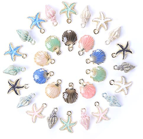 26 Stücke Conch Shell Starfish Schmuck Accessoires, Ocean-Serie Charms, Emaille-Metall-Anhänger, Seestern-Muschel Charms, Vergoldete Emaille Anhänger, für Halskette Armband Ohrringe DIY