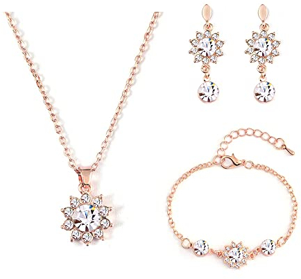 QKEPCY Damen Schmuckset Blütenform Halskette Armband Ohrringe Schmuck Set Rotgold Eingelegter Kristall Längen-verstellbar Schmuckset Ldeales Frauengeschenk Braut- und Brautjungfernzubehör