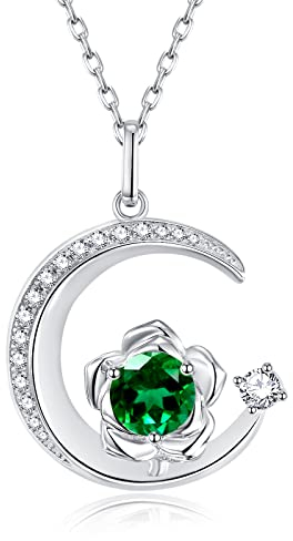 GEMLANTO 925 Sterling Silber Mai Geburtsstein Erstellt Smaragd Halskette Rose & Mond Anhänger Edelstein Geburtstag Muttertag Schmuck Geschenke für Frauen Mädchen Mutter Tochter, verstellbare Kette
