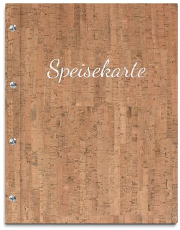 Handgefertigte Speisekarte/Menukarte im hellen Korkeinband – Inkl. 12 Sichthüllen zum Austauschen – Handgeprägter Coverdruck in versch. Farben