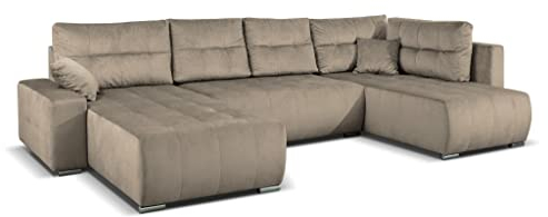 MargaretHadas24 Ecksofa U-Form Mediolan V mit Schlaffunktion und Bettkasten Wohnlandschaft Kissen, 358 cm Wohnzimmer Arbeitszimmer Sofa XXL (Paros 02 - beige)