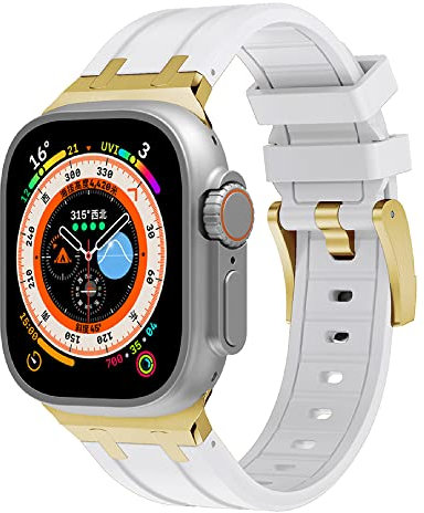 VeveXiao Correa resistente de diseño de lujo compatible con Apple Watch Ultra Band de 49mm 45mm 44mm 42mm,correa de silicona impermeable de repuesto para iWatch Series 8 7 6 5 4 3 2 1 SE,Blanco dorado