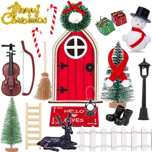 Killogood Wichteltür Set, Komplettset Wichteltür Zubehör Weihnachten, Miniatur Wichtel Zubehör für Kinder, Wichtelse mit Holz Rot Wichtel Tür Briefkästen Kranz Weihnachtsbaum Zaun