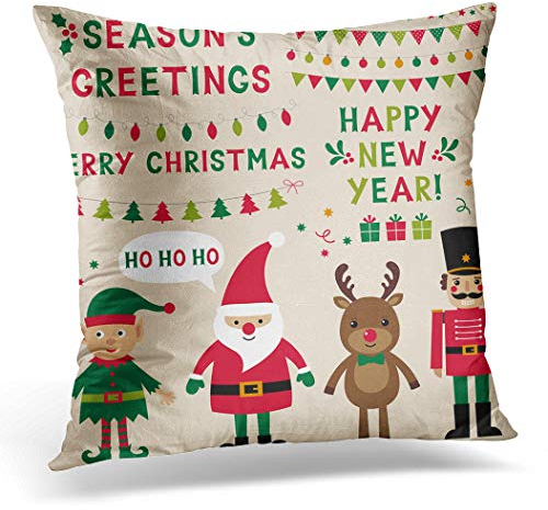Federa per cuscino 45 x 45 cm, con personaggi di Natale, elfo, renna, schiaccianoci e scritta scritta Home Decor Gett, federa quadrata per cuscino per letto e divano