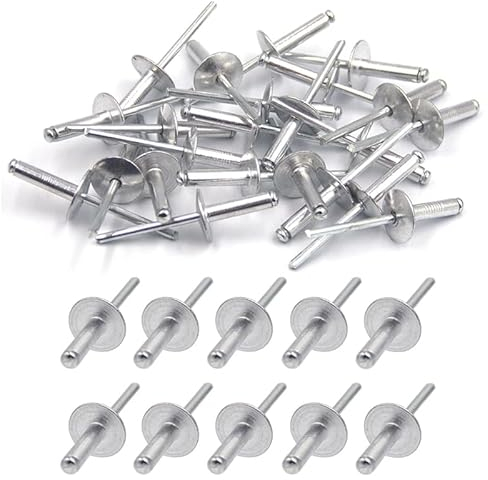 100 rivetti ciechi in alluminio con grande flangia, fissaggio in metallo, rivetti a cupola, grandi rivetti con corpo in alluminio e mandrino in acciaio, per lamiera stagnata, confezione da 100 (4,8 mm