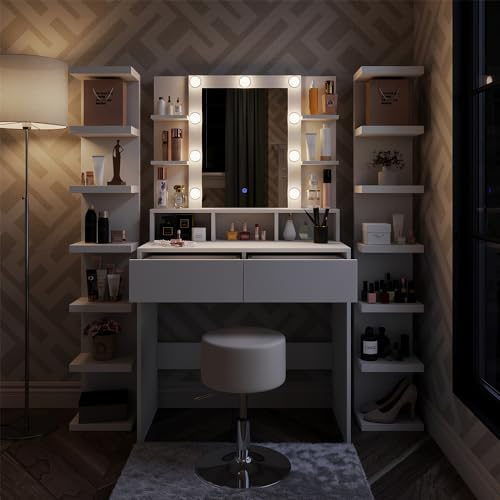 Vicco Schminktisch Taylor, Weiß, 80 cm | mit LED Beleuchtung und Hocker, mit LED-Beleuchtung und höhenverstellbarem Drehhocker