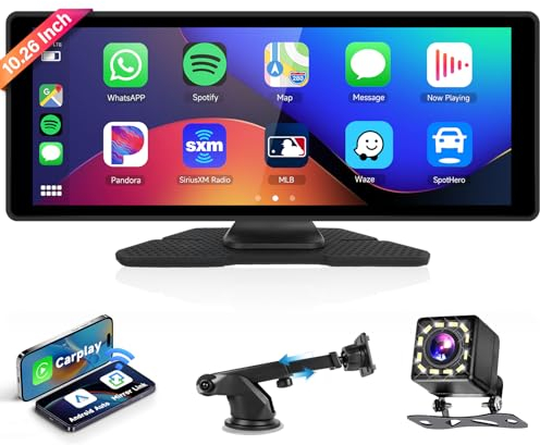 Podofo Autoradio Portatile Wireless Carplay con Schermo da 10,26'' Wireless Android Auto Bluetooth/USB/SD/Equalizzatore Trasmettitore FM + 12LED Telecamera Posteriore Plug-play Mirror Link 7-32V