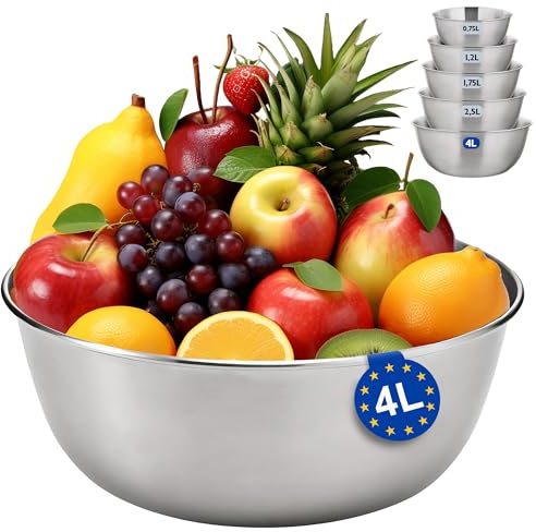 KONZEPT Rührschüssel Edelstahl 28cm 4L, Universelle Salatschüssel Groß für Zubereitung, Servieren, Aufbewahrung, Perfekt für Handmixer, Stapelbar