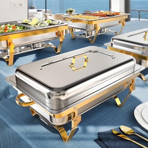 Amhier Chafing Dish für Buffet, hochwertig, langlebig und hart, für Partys, Veranstaltungen und Hochzeiten, drinnen und draußen, goldfarben, 9 l, 4 Stück