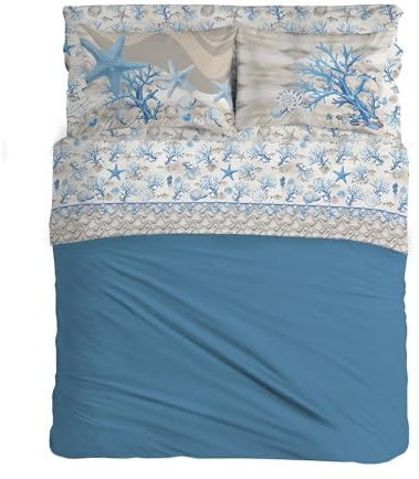 PENSIERI DELICATI Completo Letto Matrimoniale 100% Cotone, Completo Lenzuola Matrimoniali 180x200 Comprensivo di Lenzuolo sotto, sopra e 2 Federe, Made in Italy, Fantasia Marina Azzurro