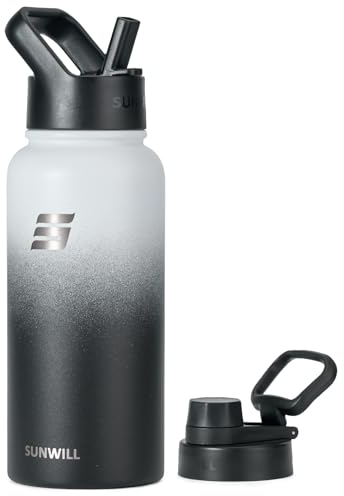 SUNWILL Stainless Steel Water Bottle with Straw, 1L Insulated Water Bottle Metal, Leakproof Water Flask for Gym & Travel, Gradiant Black White