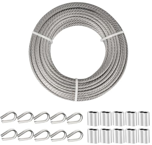 TooTaci 6mm Wire Rope - 15M Stainless Steel Cable Rope 7X19 Strands Heavy | with 10pcs M5 Crimping Sleeves & Steel Thimble, Ideal for Hanging/Fence/Door Cable/Railing/Garden Wire Climbing Plants Heavy