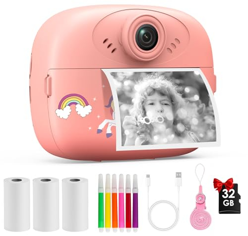 Appareil Photo Instantané Enfant, 32GB Carte & Papier d'impression Stylos Colorés Caméra Instantanée 1080p pour Enfants Jouet Portable pour Filles et Garçons de 2 à 12 Ans Cadeau de Noël