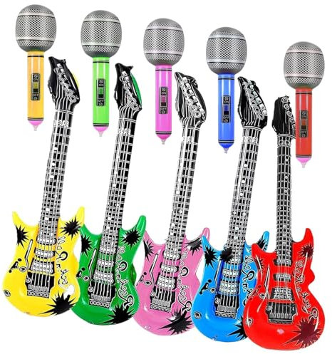 10 PCS Inflatable Musical Instrument Set- Fun Party Decoration, Birthday, Pool Party, Beach, Music Theme, Photo Booth Props(Inflatable Guitar size is 55cm, Inflatable Microphone Size is 35cm)