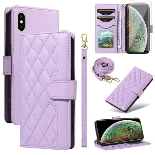 Asuwish Phone Case for iPhone Xs Max Wallet Cover with Screen Protector and Wrist Strap Lanyard Card Holder Slot Stand Cell Flip i X XR Xsmax 10x SX Xmax 10xs 10s 10 Plus Cs Xmaxs Women Men Purple