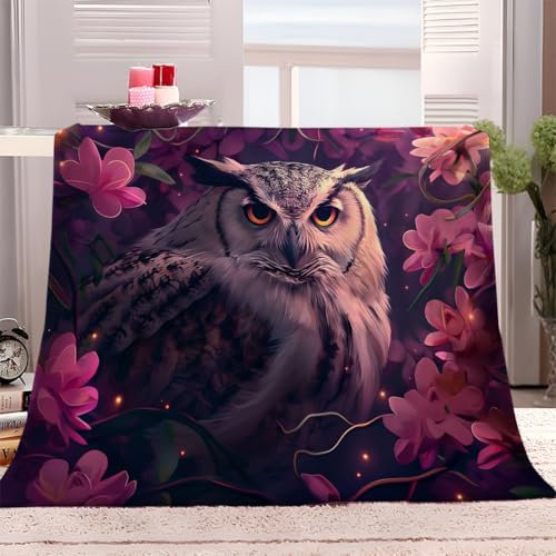 XCQHZYQ Kuscheldecke Flauschig Decke Eule Rosa Geblümt 180x200 cm Fleecedecke Wohndecken Warm Sherpa Sofaüberwurf Flauschig Überwurf Tagesdecke für Bett Sofa Schlafzimmer Büro