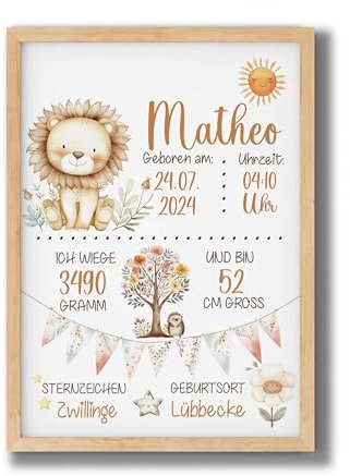 Poster Kinderzimmer GEBURTSTAFEL BOHO Friends Löwe | Geburtsdaten Poster | Geburtsposter | Geburtsanzeige | Geburtsbild | personalisiertes Geschenk Geburt